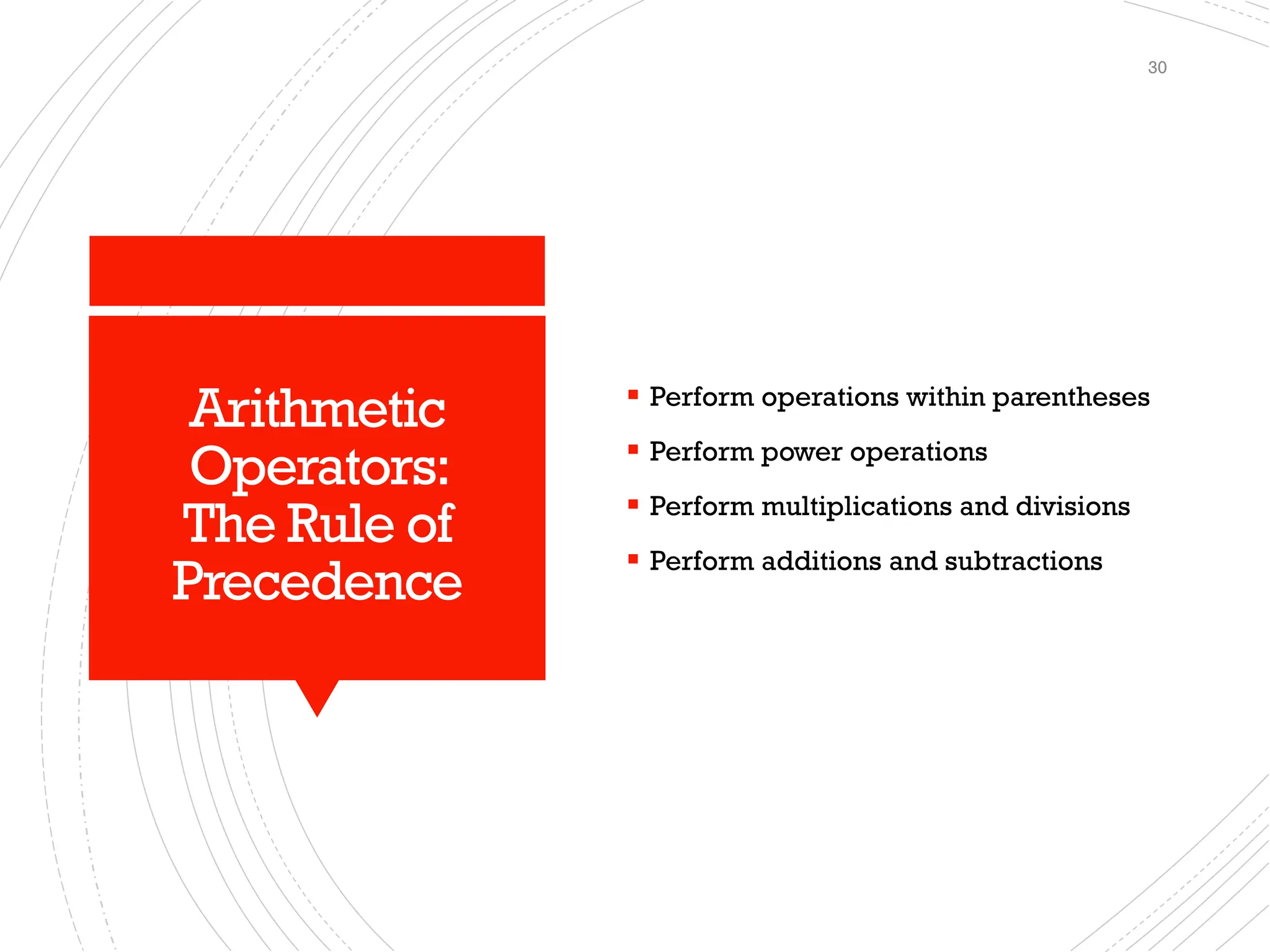 Arithmetic
Operators:
The Rule of
Precedence
▪ Perform operations within parentheses
▪ Perform power operations
▪ Perform multiplications and divisions
▪ Perform additions and subtractions
30
 