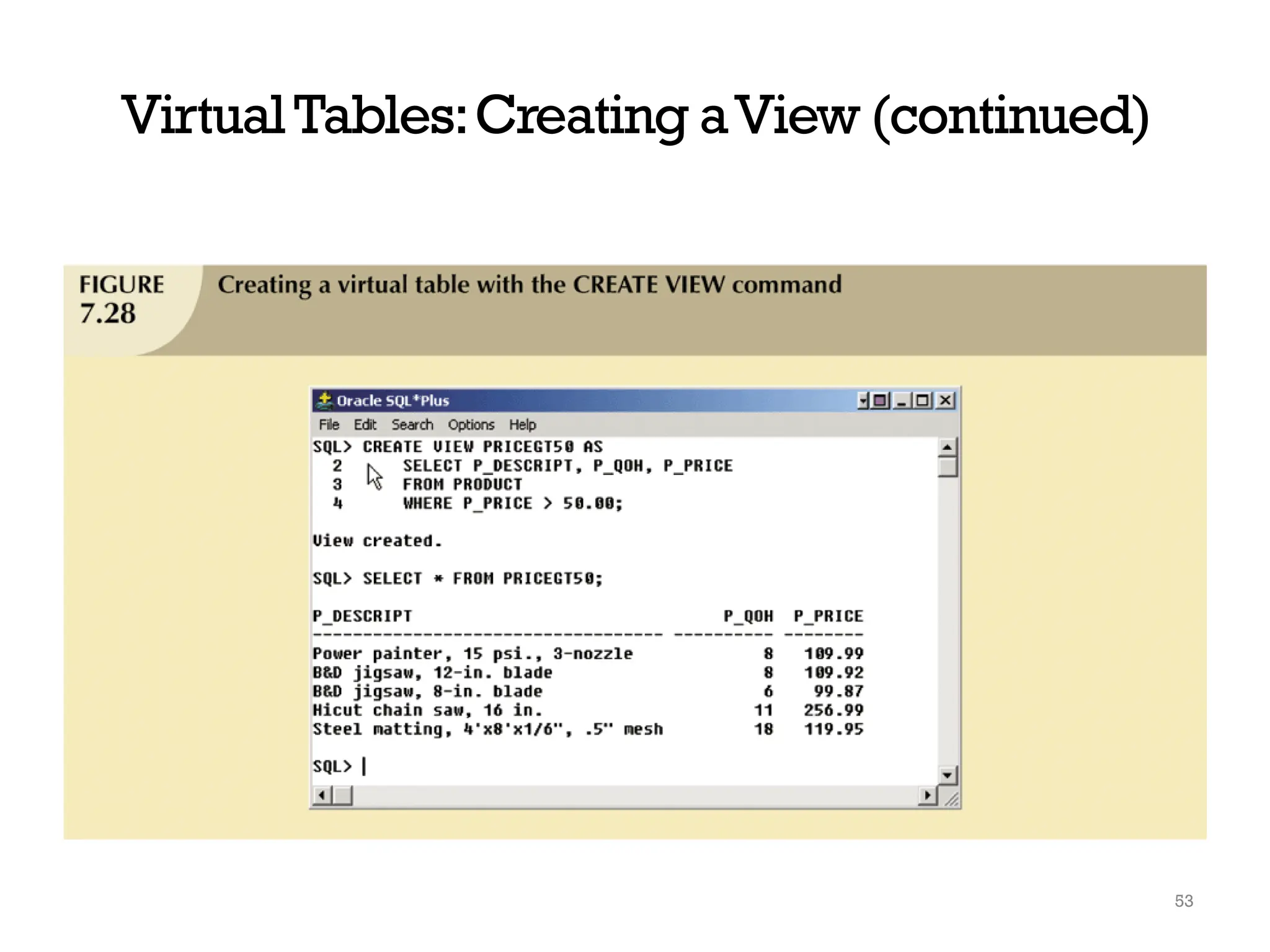 VirtualTables:Creating aView (continued)
53
 