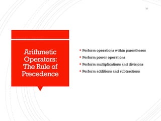 Arithmetic
Operators:
The Rule of
Precedence
▪ Perform operations within parentheses
▪ Perform power operations
▪ Perform multiplications and divisions
▪ Perform additions and subtractions
30
 