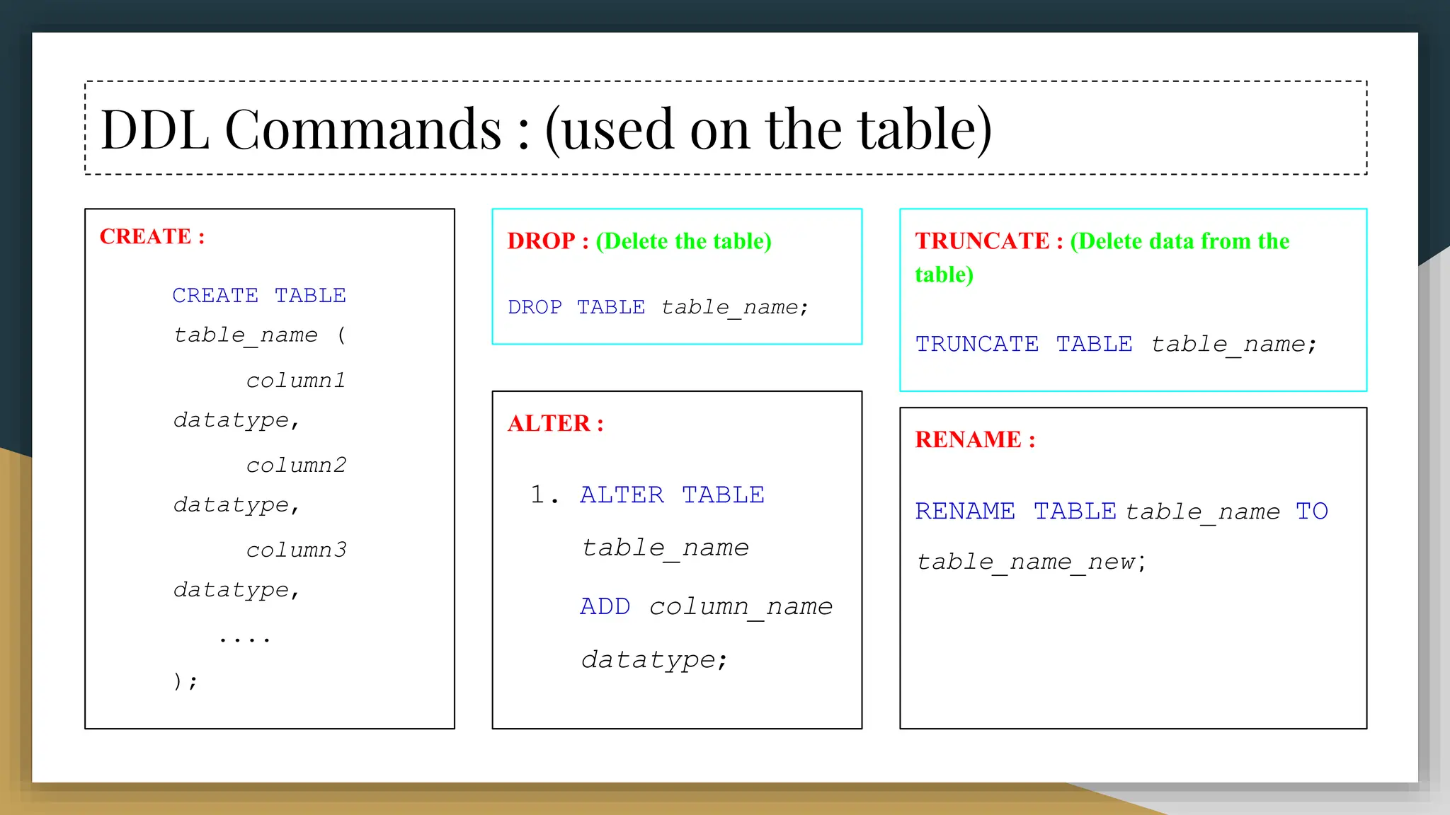 DDL Commands : (used on the table)
CREATE :
CREATE TABLE
table_name (
column1
datatype,
column2
datatype,
column3
datatype,
....
);
DROP : (Delete the table)
DROP TABLE table_name;
ALTER :
1. ALTER TABLE
table_name
ADD column_name
datatype;
TRUNCATE : (Delete data from the
table)
TRUNCATE TABLE table_name;
RENAME :
RENAME TABLE table_name TO
table_name_new ;
 