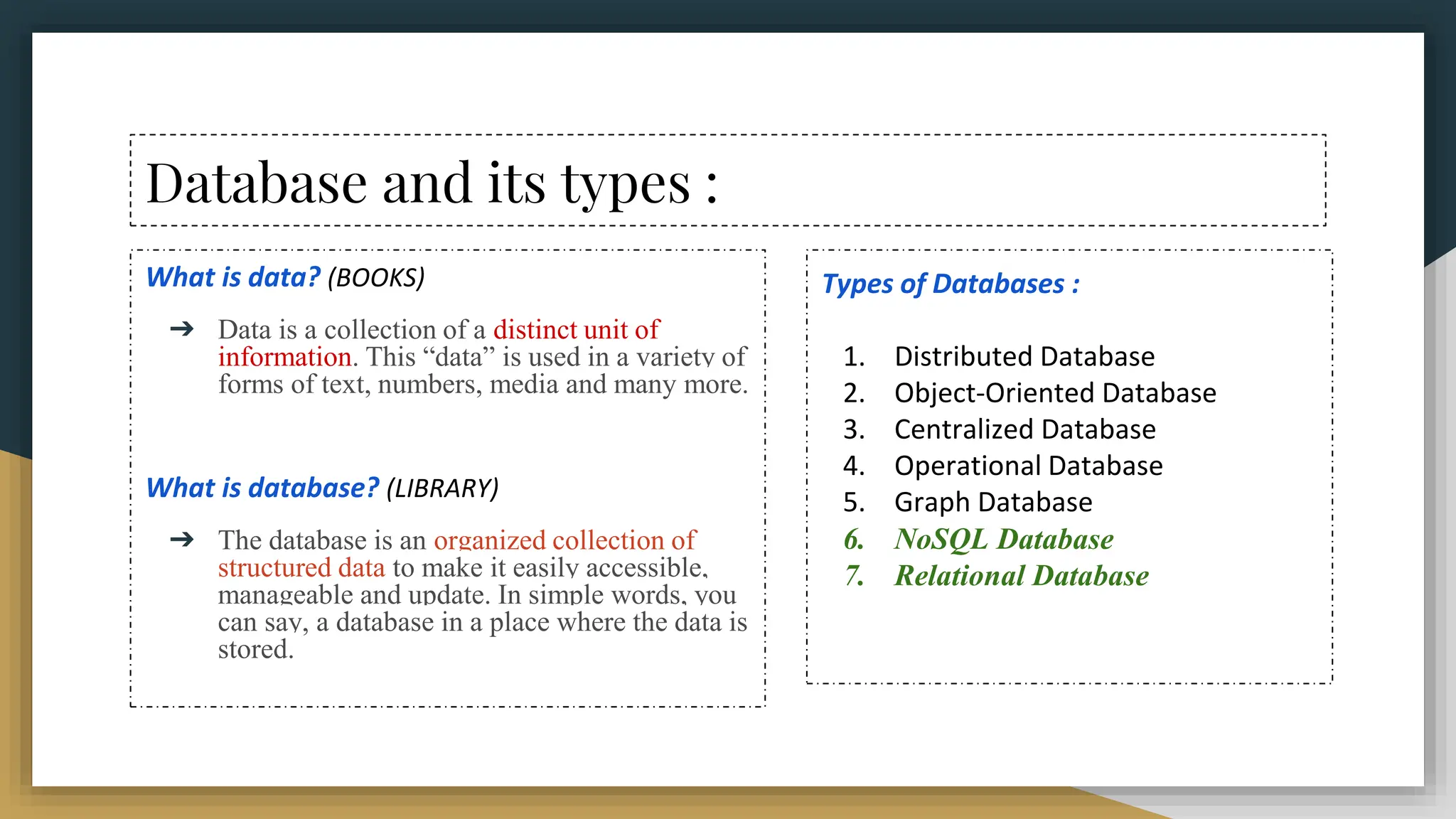 Database and its types :
What is data? (BOOKS)
➔ Data is a collection of a distinct unit of
information. This “data” is used in a variety of
forms of text, numbers, media and many more.
What is database? (LIBRARY)
➔ The database is an organized collection of
structured data to make it easily accessible,
manageable and update. In simple words, you
can say, a database in a place where the data is
stored.
Types of Databases :
1. Distributed Database
2. Object-Oriented Database
3. Centralized Database
4. Operational Database
5. Graph Database
6. NoSQL Database
7. Relational Database
 