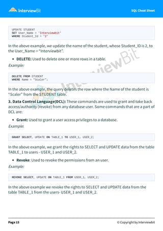 SQL Cheat Sheet
UPDATE STUDENT
SET User_Name = 'Interviewbit'
WHERE Student_Id = '2'
In the above example, we update the name of the student, whose Student_ID is 2, to
the User_Name = “Interviewbit”.
DELETE: Used to delete one or more rows in a table.
Example:
DELETE FROM STUDENT
WHERE Name = "Scaler";
In the above example, the query deletes the row where the Name of the student is
“Scaler” from the STUDENT table.
3. Data Control Language(DCL): These commands are used to grant and take back
access/authority (revoke) from any database user. Some commands that are a part of
DCL are:
Grant: Used to grant a user access privileges to a database.
Example:
GRANT SELECT, UPDATE ON TABLE_1 TO USER_1, USER_2;
In the above example, we grant the rights to SELECT and UPDATE data from the table
TABLE_1 to users - USER_1 and USER_2.
Revoke: Used to revoke the permissions from an user.
Example:
REVOKE SELECT, UPDATE ON TABLE_1 FROM USER_1, USER_2;
In the above example we revoke the rights to SELECT and UPDATE data from the
table TABLE_1 from the users- USER_1 and USER_2.
Page 13 © Copyright by Interviewbit
 