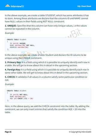 SQL Cheat Sheet
In the above example, we create a table STUDENT, which has some attributes it has
to store. Among these attributes we declare that the columns ID and NAME cannot
have NULL values in their fields using NOT NULL constraint.
2. UNIQUE: Specifies that this column can have only Unique values, i.e the values
cannot be repeated in the column.
Example:
CREATE TABLE Student
(
ID int(8) UNIQUE,
NAME varchar(10) NOT NULL,
ADDRESS varchar(20)
);
In the above example, we create a table Student and declare the ID column to be
unique using the UNIQUE constraint.
3. Primary Key: It is a field using which it is possible to uniquely identify each row in
a table. We will get to know about this in detail in the upcoming section.
4. Foreign Key: It is a field using which it is possible to uniquely identify each row in
some other table. We will get to know about this in detail in the upcoming section.
5. CHECK: It validates if all values in a column satisfy some particular condition or
not.
Example:
CREATE TABLE Student
(
ID int(6) NOT NULL,
NAME varchar(10),
AGE int CHECK (AGE < 20)
);
Here, in the above query, we add the CHECK constraint into the table. By adding the
constraint, we can only insert entries that satisfy the condition AGE < 20 into the
table.
Page 16 © Copyright by Interviewbit
 