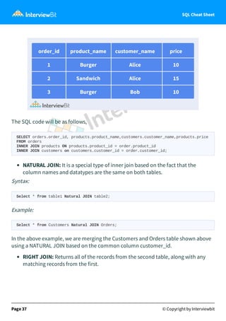 SQL Cheat Sheet
The SQL code will be as follows,
SELECT orders.order_id, products.product_name,customers.customer_name,products.price
FROM orders
INNER JOIN products ON products.product_id = order.product_id
INNER JOIN customers on customers.customer_id = order.customer_id;
NATURAL JOIN: It is a special type of inner join based on the fact that the
column names and datatypes are the same on both tables.
Syntax:
Select * from table1 Natural JOIN table2;
Example:
Select * from Customers Natural JOIN Orders;
In the above example, we are merging the Customers and Orders table shown above
using a NATURAL JOIN based on the common column customer_id.
RIGHT JOIN: Returns all of the records from the second table, along with any
matching records from the first.
Page 37 © Copyright by Interviewbit
 