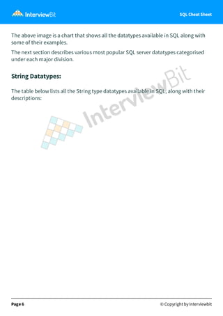 SQL Cheat Sheet
The above image is a chart that shows all the datatypes available in SQL along with
some of their examples.
The next section describes various most popular SQL server datatypes categorised
under each major division.
String Datatypes:
The table below lists all the String type datatypes available in SQL, along with their
descriptions:
Page 6 © Copyright by Interviewbit
 