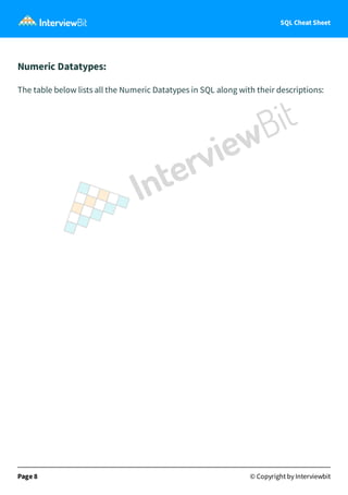 SQL Cheat Sheet
Numeric Datatypes:
The table below lists all the Numeric Datatypes in SQL along with their descriptions:
Page 8 © Copyright by Interviewbit
 