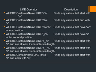 LIKE Operator Description
 WHERE CustomerName LIKE 'a%' Finds any values that start with
"a"
 WHERE CustomerName LIKE '%a' Finds any values that end with
"a"
 WHERE CustomerName LIKE '%or%' Finds any values that have "or"
in any position
 WHERE CustomerName LIKE '_r%' Finds any values that have "r"
in the second position
 WHERE CustomerName LIKE 'a_%' Finds any values that start with
"a" and are at least 2 characters in length
 WHERE CustomerName LIKE 'a__%' Finds any values that start with
"a" and are at least 3 characters in length
 WHERE ContactName LIKE 'a%o' Finds any values that start with
"a" and ends with "o"
 