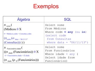 Exemplos
Álgebra SQL
 nome (
(Médicos  X
 = Médicos.codm = Consultas.codm
(codm ( data = ’06/11/13’
(Consultas))) ) )
Select nome
From Médicos
Where codm = any (ou in)
(select codm
from Consultas
where data = ‘06/11/13’)
 Funcionários.idade (
(( idade (Funcionários))  X
 = Funcionários.idade < f2.idade
( idade ( f2 (Funcionários)))
Select nome
From Funcionários
Where idade < any (
Select idade from
Funcionários)
 
