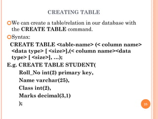 CREATING TABLE
🞆We can create a table/relation in our database with
the CREATE TABLE command.
🞆Syntax:
CREATE TABLE <table-name> (< column name>
<data type> [ <size>],(< column name><data
type> [ <size>], …);
E.g. CREATE TABLE STUDENT(
Roll_No int(2) primary key,
Name varchar(25),
Class int(2),
Marks decimal(3,1)
); 25
 