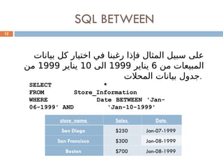 SQL BETWEEN
12
‫بيانات‬ ‫كل‬ ‫اختيار‬ ‫في‬ ‫رغبنا‬ ‫فإذا‬ ‫المثال‬ ‫سبيل‬ ‫على‬
‫من‬ ‫المبيعات‬
6
‫يناير‬
1999
‫الى‬
10
‫يناير‬
1999
‫من‬
‫المحالت‬ ‫بيانات‬ ‫جدول‬.
SELECT *
FROM Store_Information
WHERE Date BETWEEN 'Jan-
06-1999' AND 'Jan-10-1999'
store_name Sales Date
San Diego $250 Jan-07-1999
San Francisco $300 Jan-08-1999
Boston $700 Jan-08-1999
 