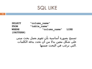 SQL LIKE
13
SELECT "column_name"
FROM "table_name"
WHERE "column_name" LIKE
{PATTERN}
‫مبنى‬ ‫بحث‬ ‫بعمل‬ ‫تقوم‬ ‫بأن‬ ‫أساسية‬ ‫بصورة‬ ‫تسمح‬
‫الكلمات‬ ‫بدقة‬ ‫نحدد‬ ‫أن‬ ‫من‬ ‫بدال‬ ‫معين‬ ‫شكل‬ ‫على‬
‫ضمنها‬ ‫البحث‬ ‫في‬ ‫نرغب‬ ‫التي‬.
 