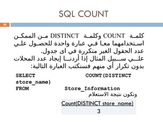 SQL COUNT
30
‫ة‬00‫كلم‬
COUNT
‫ة‬00‫وكلم‬
DISTINCT
‫ن‬00‫الممك‬ ‫ن‬00‫م‬
‫ي‬0
0‫عل‬ ‫ول‬0
0‫للحص‬ ‫واحدة‬ ‫عبارة‬ ‫ي‬0
0‫ف‬ ‫ا‬0
0‫مع‬ ‫تخدامهما‬0
0‫اس‬
.‫جدول‬ ‫اى‬ ‫في‬ ‫متكررة‬ ‫الغير‬ ‫الحقول‬ ‫عدد‬
‫المحالت‬ ‫عدد‬ ‫إيجاد‬ ‫ا‬000‫أردن‬ ‫إذا‬ ‫المثال‬ ‫بيل‬000‫س‬ ‫ي‬000‫عل‬
:‫التالية‬ ‫العبارة‬ ‫فسنكتب‬ ‫منهم‬ ‫أي‬ ‫تكرار‬ ‫بدون‬
SELECT COUNT(DISTINCT
store_name)
FROM Store_Information
Count(DISTINCT store_name)
3
‫االستعالم‬ ‫نتيجة‬ ‫وتكون‬
 