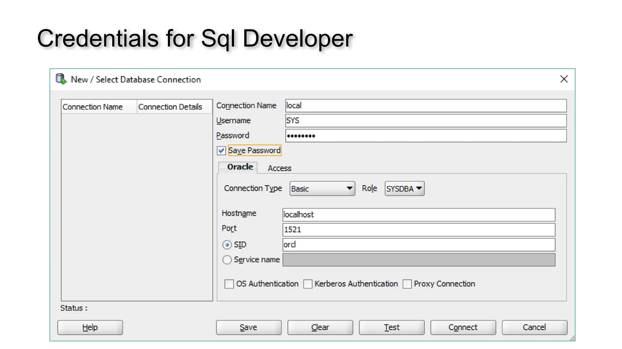 Credentials for Sql Developer 