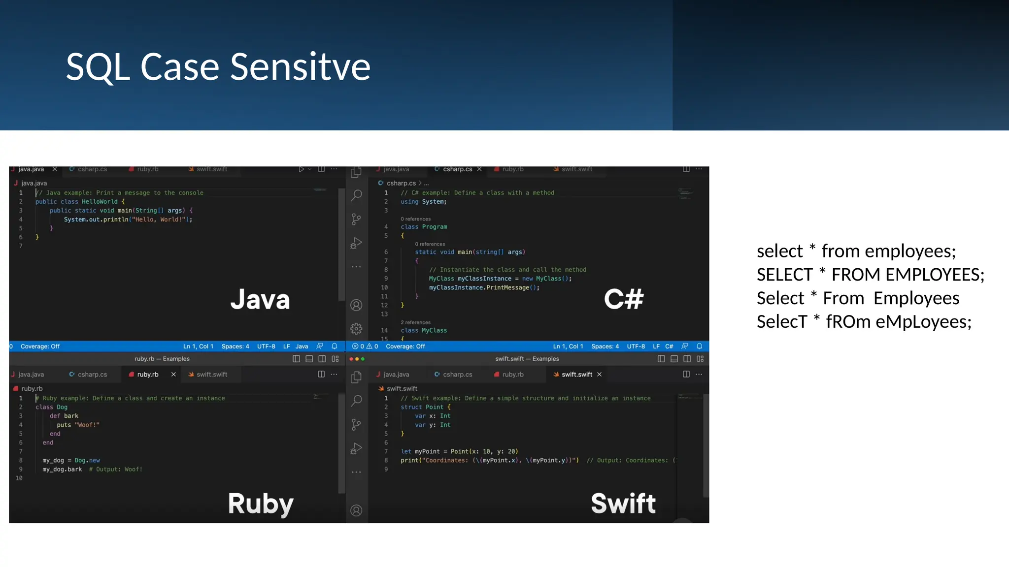 SQL Case Sensitve select * from employees; SELECT * FROM EMPLOYEES; Select * From Employees SelecT * fROm eMpLoyees; 