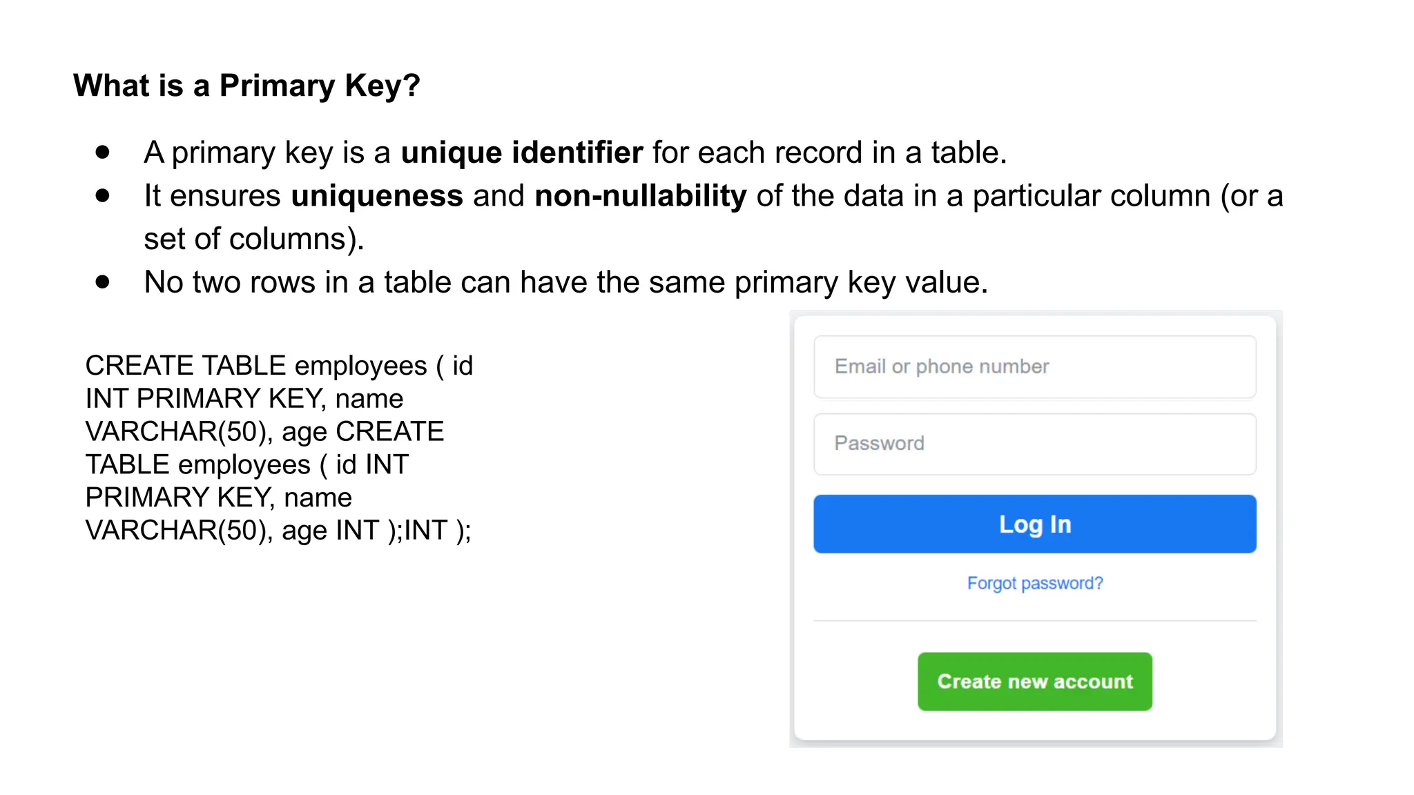 What is a Primary Key? ● A primary key is a unique identifier for each record in a table. ● It ensures uniqueness and non-nullability of the data in a particular column (or a set of columns). ● No two rows in a table can have the same primary key value. CREATE TABLE employees ( id INT PRIMARY KEY, name VARCHAR(50), age CREATE TABLE employees ( id INT PRIMARY KEY, name VARCHAR(50), age INT );INT ); 