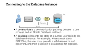 Connecting to the Database Instance
● A connection is a communication pathway between a user
process and an Oracle Database instance.
● A session represents the state of a current user login to the
database instance. For example, when a user starts
SQL*Plus, the user must provide a valid username and
password, and then a session is established for that user.
Connections and sessions are closely related to user processes but are very different in meaning.
 