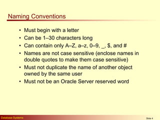 Database Systems Slide 4
Naming Conventions
• Must begin with a letter
• Can be 1–30 characters long
• Can contain only A–...
