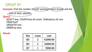 GROUP BY
Example: Find the number of staff working in each branch and the
sum of their salaries.
Query:
SELECT bno, COUNT(sno) AS count, SUM(salary) AS sum
FROM Staff
GROUP BY bno
ORDER by bno;
Result:
bno count sum
B3 2 42000.00
B5 2 36000.00
B7 1 9000.00
 