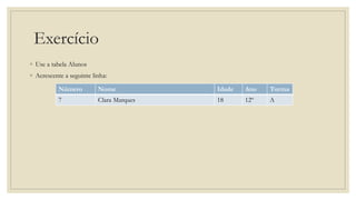 Exercício
◦ Use a tabela Alunos
◦ Acrescente a seguinte linha:
Número Nome Idade Ano Turma
7 Clara Marques 18 12º A
 