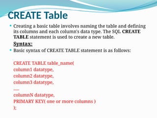 CREATE Table
 Creating a basic table involves naming the table and defining
its columns and each column's data type. The SQL CREATE
TABLE statement is used to create a new table.
Syntax:
 Basic syntax of CREATE TABLE statement is as follows:
CREATE TABLE table_name(
column1 datatype,
column2 datatype,
column3 datatype,
.....
columnN datatype,
PRIMARY KEY( one or more columns )
);
 