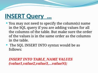 INSERT Query …
 You may not need to specify the column(s) name
in the SQL query if you are adding values for all
the columns of the table. But make sure the order
of the values is in the same order as the columns
in the table.
 The SQL INSERT INTO syntax would be as
follows:
INSERT INTO TABLE_NAME VALUES
(value1,value2,value3,...valueN);
 