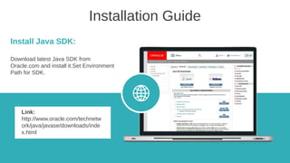 Installation Guide
Install Java SDK:
Download latest Java SDK from
Oracle.com and install it.Set Environment
Path for SDK.
Link:
http://www.oracle.com/technetw
ork/java/javase/downloads/inde
x.html
 
