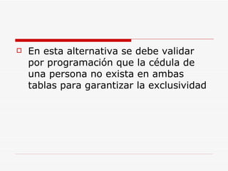 En esta alternativa se debe validar por programación que la cédula de una persona no exista en ambas tablas para garantizar la exclusividad 