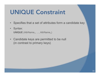 UNIQUE Constraint
• Specifies that a set of attributes form a candidate key
• Syntax:
UNIQUE (AttrName1, …, AttrNamen)
• Candidate keys are permitted to be null
(in contrast to primary keys)
16	
  
 