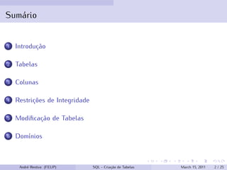 Sumário
1 Introdução
2 Tabelas
3 Colunas
4 Restrições de Integridade
5 Modificação de Tabelas
6 Domínios
André Restivo (FEUP) SQL - Criação de Tabelas March 15, 2011 2 / 25
 