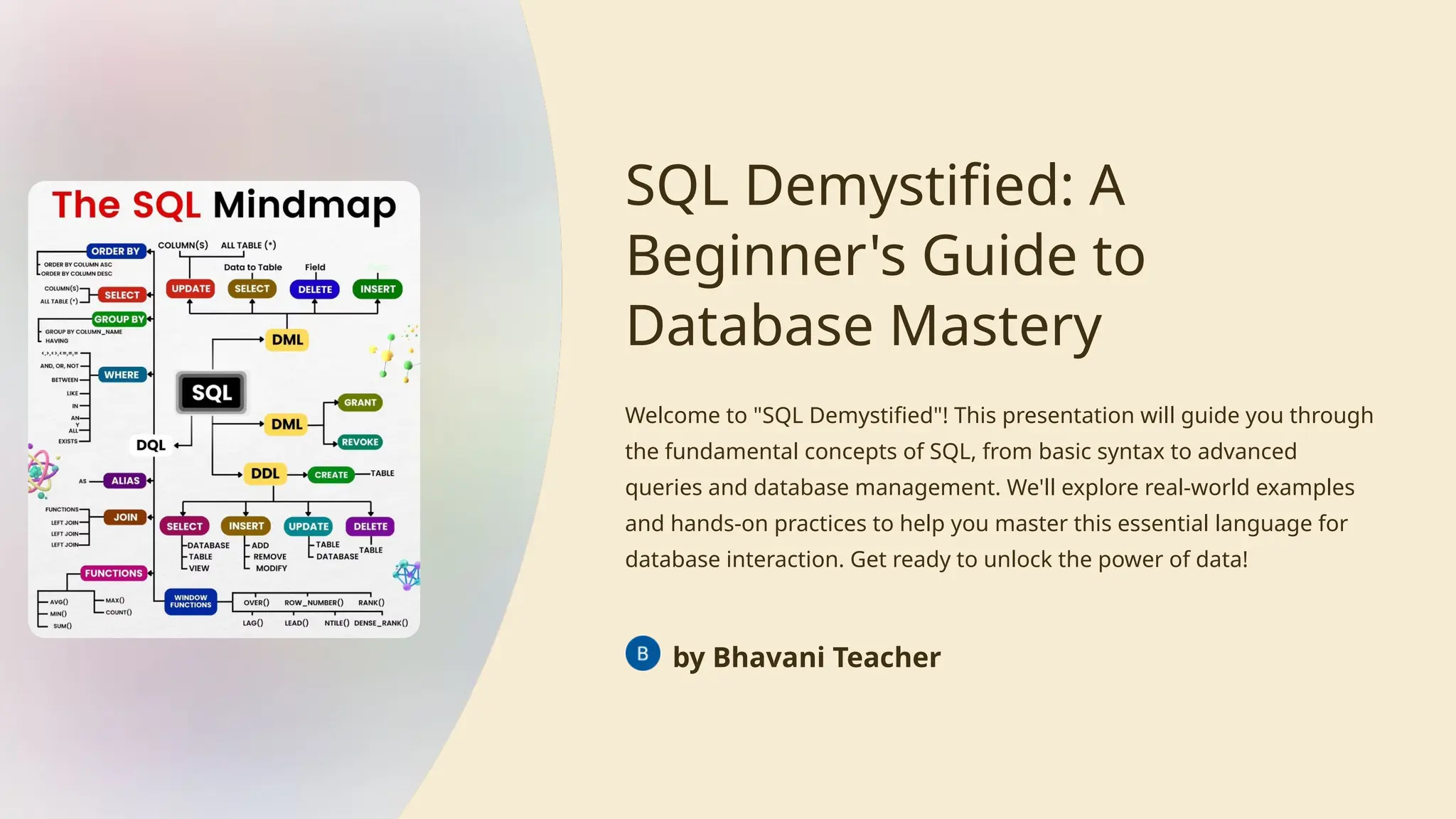 SQL Demystified: A
Beginner's Guide to
Database Mastery
Welcome to "SQL Demystified"! This presentation will guide you through
the fundamental concepts of SQL, from basic syntax to advanced
queries and database management. We'll explore real-world examples
and hands-on practices to help you master this essential language for
database interaction. Get ready to unlock the power of data!
by Bhavani Teacher
 