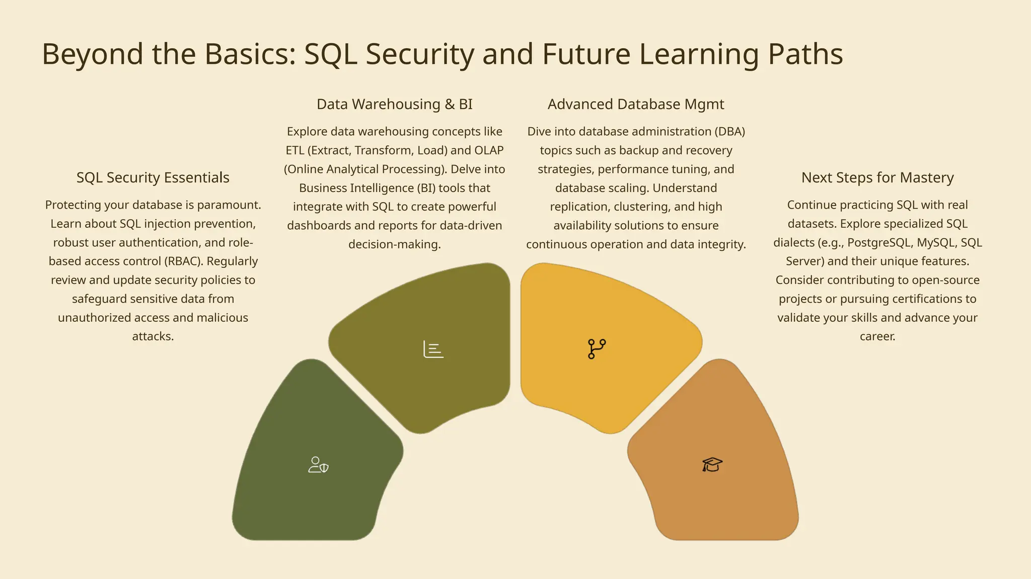Beyond the Basics: SQL Security and Future Learning Paths
SQL Security Essentials
Protecting your database is paramount.
Learn about SQL injection prevention,
robust user authentication, and role-
based access control (RBAC). Regularly
review and update security policies to
safeguard sensitive data from
unauthorized access and malicious
attacks.
Data Warehousing & BI
Explore data warehousing concepts like
ETL (Extract, Transform, Load) and OLAP
(Online Analytical Processing). Delve into
Business Intelligence (BI) tools that
integrate with SQL to create powerful
dashboards and reports for data-driven
decision-making.
Advanced Database Mgmt
Dive into database administration (DBA)
topics such as backup and recovery
strategies, performance tuning, and
database scaling. Understand
replication, clustering, and high
availability solutions to ensure
continuous operation and data integrity.
Next Steps for Mastery
Continue practicing SQL with real
datasets. Explore specialized SQL
dialects (e.g., PostgreSQL, MySQL, SQL
Server) and their unique features.
Consider contributing to open-source
projects or pursuing certifications to
validate your skills and advance your
career.
 