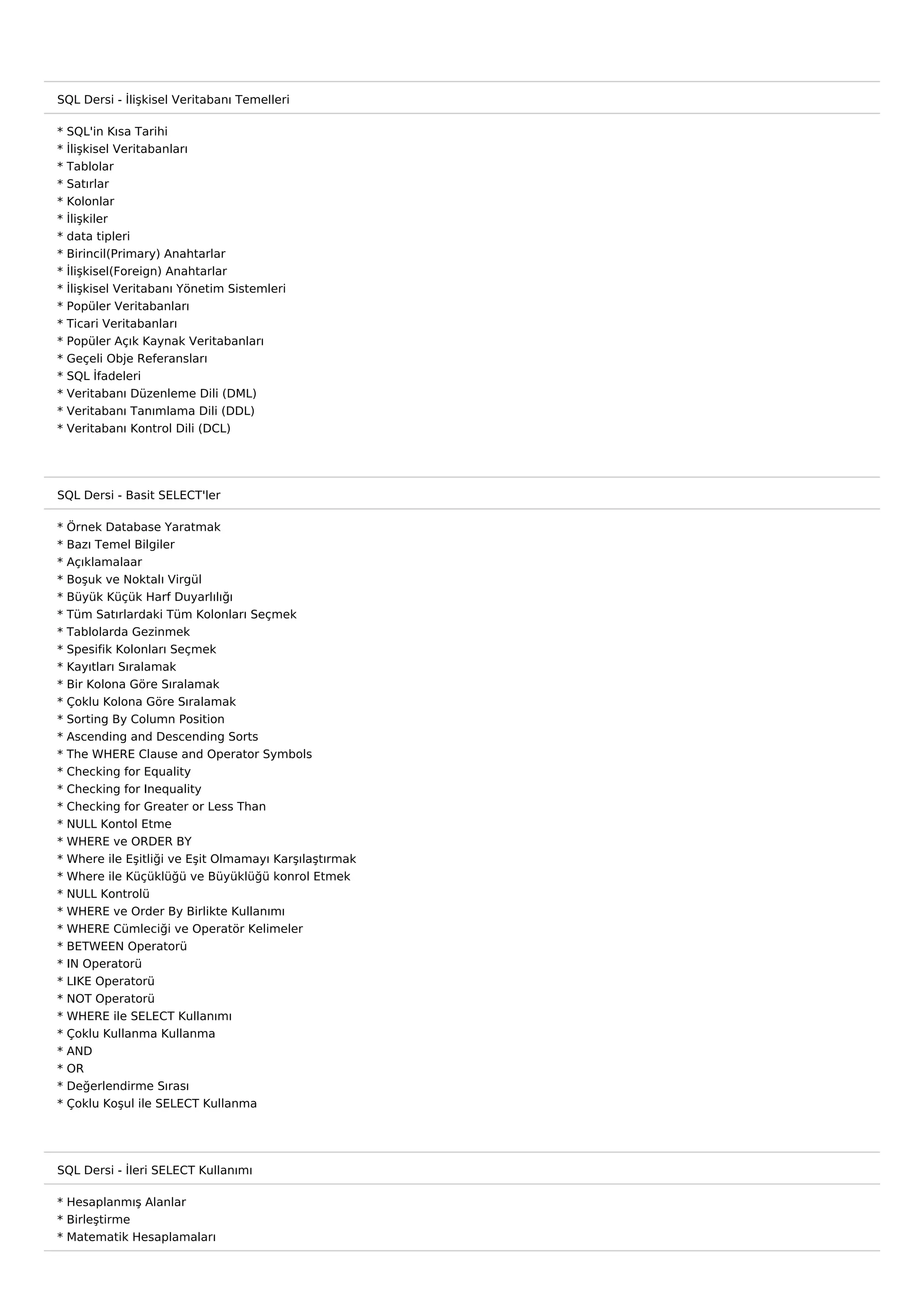 SQL Dersi - İlişkisel Veritabanı Temelleri

*   SQL'in Kısa Tarihi
*   İlişkisel Veritabanları
*   Tablolar
*   Satırlar
*   Kolonlar
*   İlişkiler
*   data tipleri
*   Birincil(Primary) Anahtarlar
*   İlişkisel(Foreign) Anahtarlar
*   İlişkisel Veritabanı Yönetim Sistemleri
*   Popüler Veritabanları
*   Ticari Veritabanları
*   Popüler Açık Kaynak Veritabanları
*   Geçeli Obje Referansları
*   SQL İfadeleri
*   Veritabanı Düzenleme Dili (DML)
*   Veritabanı Tanımlama Dili (DDL)
*   Veritabanı Kontrol Dili (DCL)




SQL Dersi - Basit SELECT'ler

*   Örnek Database Yaratmak
*   Bazı Temel Bilgiler
*   Açıklamalaar
*   Boşuk ve Noktalı Virgül
*   Büyük Küçük Harf Duyarlılığı
*   Tüm Satırlardaki Tüm Kolonları Seçmek
*   Tablolarda Gezinmek
*   Spesifik Kolonları Seçmek
*   Kayıtları Sıralamak
*   Bir Kolona Göre Sıralamak
*   Çoklu Kolona Göre Sıralamak
*   Sorting By Column Position
*   Ascending and Descending Sorts
*   The WHERE Clause and Operator Symbols
*   Checking for Equality
*   Checking for Inequality
*   Checking for Greater or Less Than
*   NULL Kontol Etme
*   WHERE ve ORDER BY
*   Where ile Eşitliği ve Eşit Olmamayı Karşılaştırmak
*   Where ile Küçüklüğü ve Büyüklüğü konrol Etmek
*   NULL Kontrolü
*   WHERE ve Order By Birlikte Kullanımı
*   WHERE Cümleciği ve Operatör Kelimeler
*   BETWEEN Operatorü
*   IN Operatorü
*   LIKE Operatorü
*   NOT Operatorü
*   WHERE ile SELECT Kullanımı
*   Çoklu Kullanma Kullanma
*   AND
*   OR
*   Değerlendirme Sırası
*   Çoklu Koşul ile SELECT Kullanma




SQL Dersi - İleri SELECT Kullanımı

* Hesaplanmış Alanlar
* Birleştirme
* Matematik Hesaplamaları
 