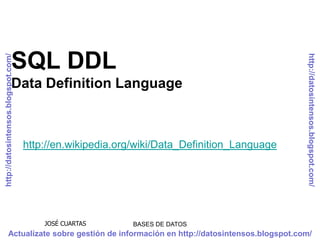 SQL DDL




                                                                                             http://datosintensos.blogspot.com/
http://datosintensos.blogspot.com/




                          Data Definition Language



                                     http://en.wikipedia.org/wiki/Data_Definition_Language




                                         JOSÉ CUARTAS      BASES DE DATOS
             Actualízate sobre gestión de información en http://datosintensos.blogspot.com/
 