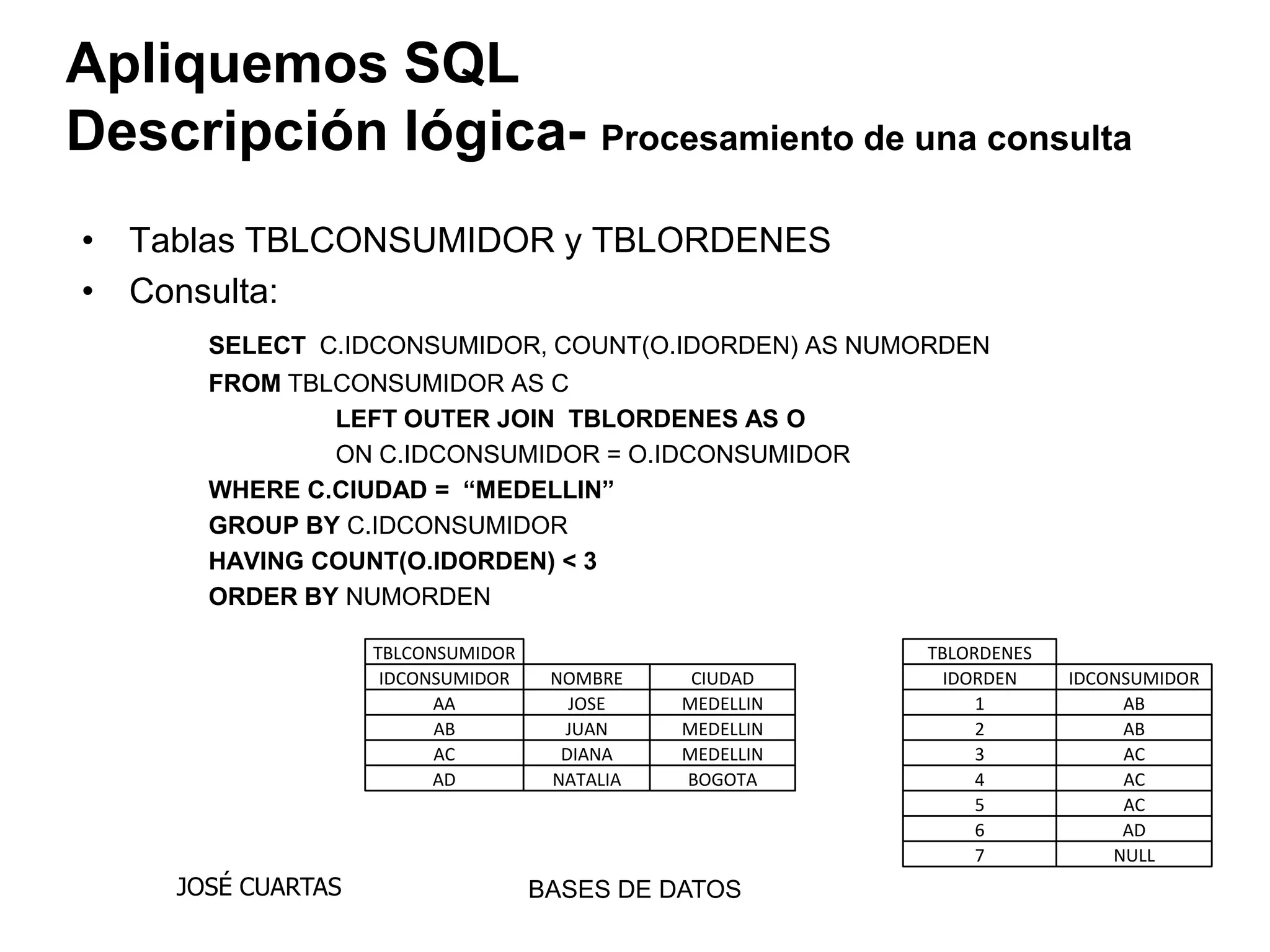 Apliquemos SQL
Descripción lógica- Procesamiento de una consulta
• Tablas TBLCONSUMIDOR y TBLORDENES
• Consulta:
       SELECT C.IDCONSUMIDOR, COUNT(O.IDORDEN) AS NUMORDEN
       FROM TBLCONSUMIDOR AS C
               LEFT OUTER JOIN TBLORDENES AS O
               ON C.IDCONSUMIDOR = O.IDCONSUMIDOR
       WHERE C.CIUDAD = “MEDELLIN”
       GROUP BY C.IDCONSUMIDOR
       HAVING COUNT(O.IDORDEN) < 3
       ORDER BY NUMORDEN

                    TBLCONSUMIDOR                         TBLORDENES
                     IDCONSUMIDOR    NOMBRE     CIUDAD      IDORDEN    IDCONSUMIDOR
                          AA           JOSE    MEDELLIN        1            AB
                          AB          JUAN     MEDELLIN        2            AB
                          AC          DIANA    MEDELLIN        3            AC
                          AD         NATALIA   BOGOTA          4            AC
                                                               5            AC
                                                               6            AD
                                                               7           NULL
     JOSÉ CUARTAS                   BASES DE DATOS
 