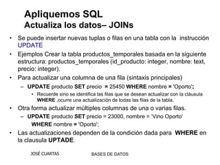 Apliquemos SQL
     Actualiza los datos– JOINs
• Se puede insertar nuevas tuplas o filas en una tabla con la instrucción
  UPDATE
• Ejemplos Crear la tabla productos_temporales basada en la siguiente
  estructura: productos_temporales (id_producto: integer, nombre: text,
  precio: integer).
• Para actualizar una columna de una fila (sintaxis principales)
   – UPDATE producto SET precio = 25450 WHERE nombre = 'Oporto';
        • Recuerde sino se identifica las filas que se desean actualizar con la cláusula
          WHERE ,ocurre una actualización de todas las filas de la tabla.
• Otra forma actualizar múltiples columnas de una o varias filas.
    – UPDATE producto SET precio = 23000, nombre = „Vino Oporto„
       WHERE nombre = 'Oporto';
• Las actualizaciones dependen de la condición dada para WHERE en
  la clausula UPTADE.

       JOSÉ CUARTAS                 BASES DE DATOS
 