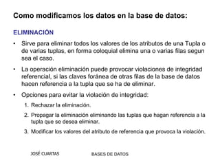 Como modificamos los datos en la base de datos:

ELIMINACIÓN
• Sirve para eliminar todos los valores de los atributos de una Tupla o
  de varias tuplas, en forma coloquial elimina una o varias filas segun
  sea el caso.
• La operación eliminación puede provocar violaciones de integridad
  referencial, si las claves foránea de otras filas de la base de datos
  hacen referencia a la tupla que se ha de eliminar.
• Opciones para evitar la violación de integridad:
    1. Rechazar la eliminación.
    2. Propagar la eliminación eliminando las tuplas que hagan referencia a la
       tupla que se desea eliminar.
    3. Modificar los valores del atributo de referencia que provoca la violación.


      JOSÉ CUARTAS                BASES DE DATOS
 