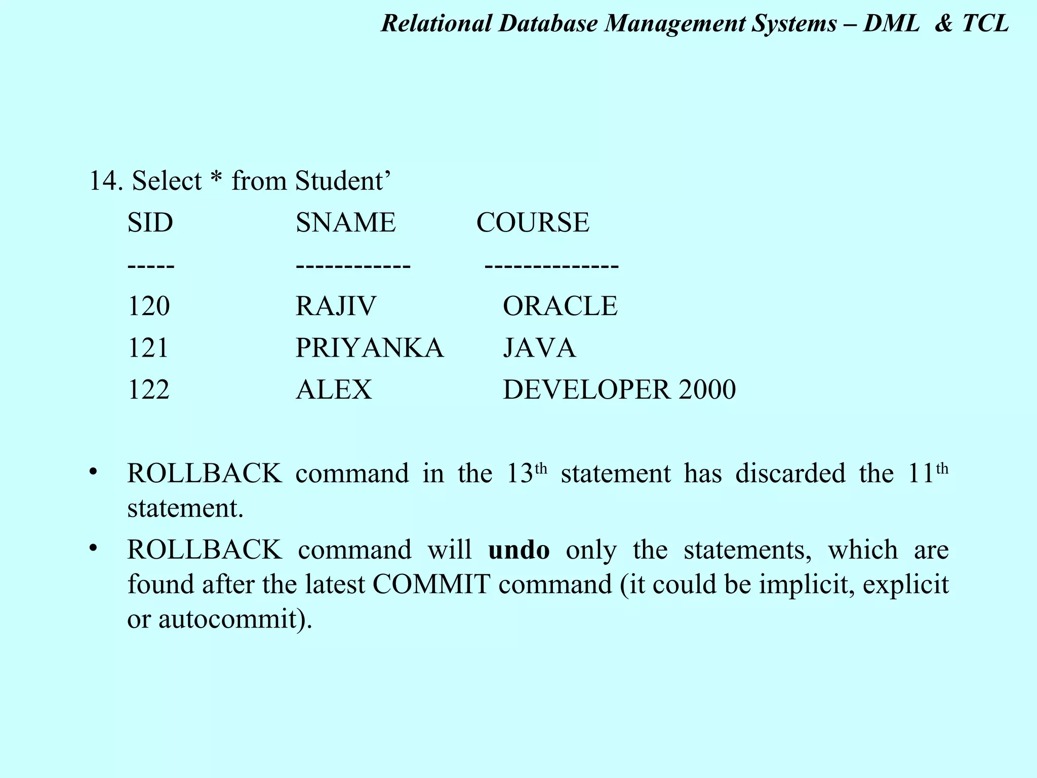 14. Select * from Student’ SID SNAME COURSE ----- ------------ -------------- 120 RAJIV ORACLE 121 PRIYANKA JAVA 122 ALEX DEVELOPER 2000 ROLLBACK command in the 13 th statement has discarded the 11 th statement. ROLLBACK command will undo only the statements, which are found after the latest COMMIT command (it could be implicit, explicit or autocommit). 