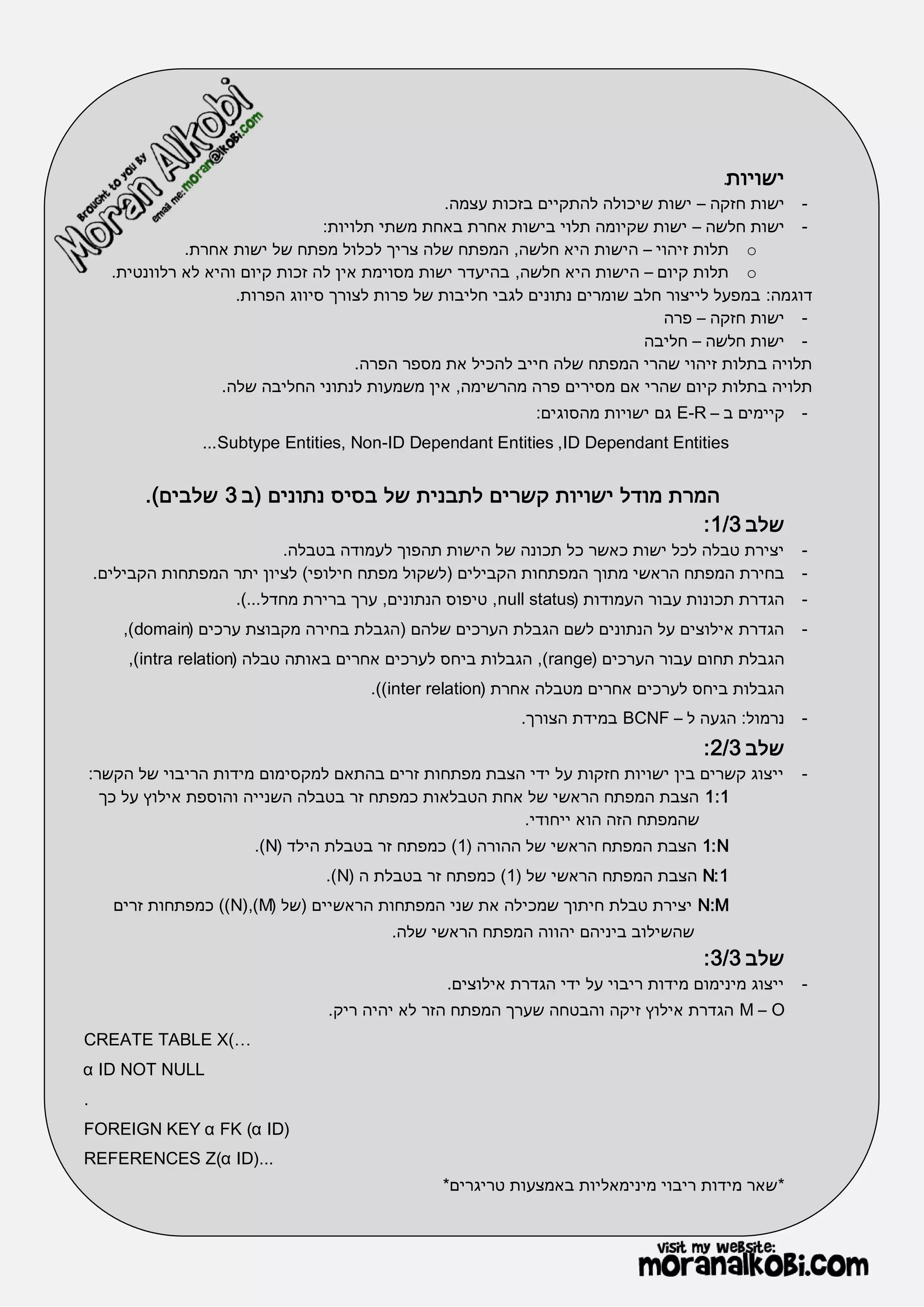 ‫ישויות.‬
                                                   ‫- ישות חזקה – ישות שיכולה להתקיים בזכות עצמה.‬
                                   ‫- ישות חלשה – ישות שקיומה תלוי בישות אחרת באחת משתי תלויות:‬
                ‫‪ o‬תלות זיהוי – הישות היא חלשה, המפתח שלה צריך לכלול מפתח של ישות אחרת.‬
      ‫‪ o‬תלות קיום – הישות היא חלשה, בהיעדר ישות מסוימת אין לה זכות קיום והיא לא רלוונטית.‬
                       ‫דוגמה: במפעל לייצור חלב שומרים נתונים לגבי חליבות של פרות לצורך סיווג הפרות.‬
                                                                               ‫- ישות חזקה – פרה‬
                                                                             ‫- ישות חלשה – חליבה‬
                                        ‫תלויה בתלות זיהוי שהרי המפתח שלה חייב להכיל את מספר הפרה.‬
                     ‫תלויה בתלות קיום שהרי אם מסירים פרה מהרשימה, אין משמעות לנתוני החליבה שלה.‬
                                                              ‫קיימים ב – ‪ E-R‬גם ישויות מהסוגים:‬     ‫-‬
                  ‫‪... Subtype Entities, Non-ID Dependant Entities ,ID Dependant Entities‬‬


          ‫המרת מודל ישויות קשרים לתבנית של בסיס נתונים (ב 3 שלבים).‬
                                                                  ‫שלב 3/1 :‬
                            ‫יצירת טבלה לכל ישות כאשר כל תכונה של הישות תהפוך לעמודה בטבלה.‬          ‫-‬
    ‫בחירת המפתח הראשי מתוך המפתחות הקבילים (לשקול מפתח חילופי) לציון יתר המפתחות הקבילים.‬           ‫-‬
                      ‫הגדרת תכונות עבור העמודות (‪ ,null status‬טיפוס הנתונים, ערך ברירת מחדל...).‬    ‫-‬
       ‫הגדרת אילוצים על הנתונים לשם הגבלת הערכים שלהם (הגבלת בחירה מקבוצת ערכים (‪,)domain‬‬           ‫-‬
        ‫הגבלת תחום עבור הערכים (‪ ,)range‬הגבלות ביחס לערכים אחרים באותה טבלה (‪,)intra relation‬‬
                                        ‫הגבלות ביחס לערכים אחרים מטבלה אחרת (‪.))inter relation‬‬
                                                            ‫נרמול: הגעה ל – ‪ BCNF‬במידת הצורך.‬       ‫-‬
                                                                                     ‫שלב 3/2 :‬
‫ייצוג קשרים בין ישויות חזקות על ידי הצבת מפתחות זרים בהתאם למקסימום מידות הריבוי של הקשר:‬           ‫-‬
  ‫1:1 הצבת המפתח הראשי של אחת הטבלאות כמפתח זר בטבלה השנייה והוספת אילוץ על כך‬
                                                      ‫שהמפתח הזה הוא ייחודי.‬
                        ‫‪ 1: N‬הצבת המפתח הראשי של ההורה (1) כמפתח זר בטבלת הילד (‪.)N‬‬
                                  ‫1 :‪ N‬הצבת המפתח הראשי של (1) כמפתח זר בטבלת ה (‪.)N‬‬
      ‫‪ N:M‬יצירת טבלת חיתוך שמכילה את שני המפתחות הראשיים (של (‪ ))N(,)M‬כמפתחות זרים‬
                                           ‫שהשילוב ביניהם יהווה המפתח הראשי שלה.‬
                                                                                     ‫שלב 3/3 :‬
                                                  ‫ייצוג מינימום מידות ריבוי על ידי הגדרת אילוצים.‬   ‫-‬
                                  ‫‪ M – O‬הגדרת אילוץ זיקה והבטחה שערך המפתח הזר לא יהיה ריק.‬
‫…(‪CREATE TABLE X‬‬
‫‪α ID NOT NULL‬‬
‫.‬
‫)‪FOREIGN KEY α FK (α ID‬‬
‫...)‪REFERENCES Z(α ID‬‬
                                                 ‫*שאר מידות ריבוי מינימאליות באמצעות טריגרים*‬
 