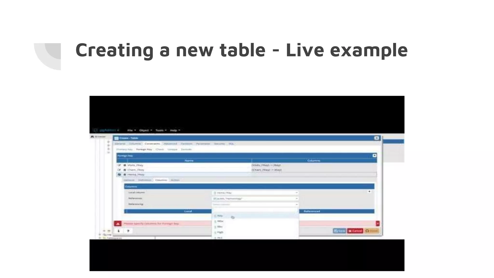 Creating a new table - Live example
 