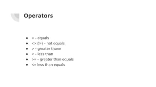 Operators
● = - equals
● <> (!=) - not equals
● > - greater thane
● < - less than
● >= - greater than equals
● <= less than equals
 
