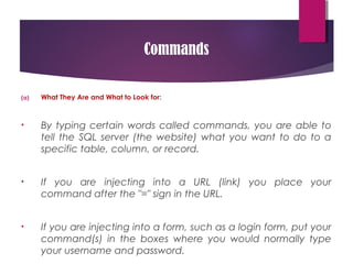 Commands
(a) What They Are and What to Look for:
• By typing certain words called commands, you are able to
tell the SQL s...