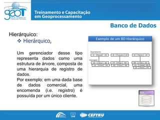 Banco de Dados
Hierárquico:
    Hierárquico,

   Um gerenciador desse tipo
   representa dados como uma
   estrutura de árvore, composta de
   uma hierarquia de registro de
   dados.
   Por exemplo: em uma dada base
   de dados comercial, uma
   encomenda (i.e. registro) é
   possuída por um único cliente.
 
