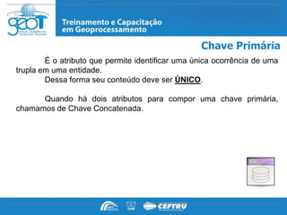 Chave Primária
        É o atributo que permite identificar uma única ocorrência de uma
trupla em uma entidade.
        Dessa forma seu conteúdo deve ser ÚNICO.

      Quando há dois atributos para compor uma chave primária,
chamamos de Chave Concatenada.
 