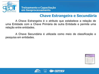 Chave Estrangeira e Secundária
        A Chave Estrangeira é o atributo que estabelece a relação de
uma Entidade com a Chave Primária de outra Entidade e permite uma
relação entre entidades.

       A Chave Secundária é utilizada como meio de classificação e
pesquisa em entidades.
 