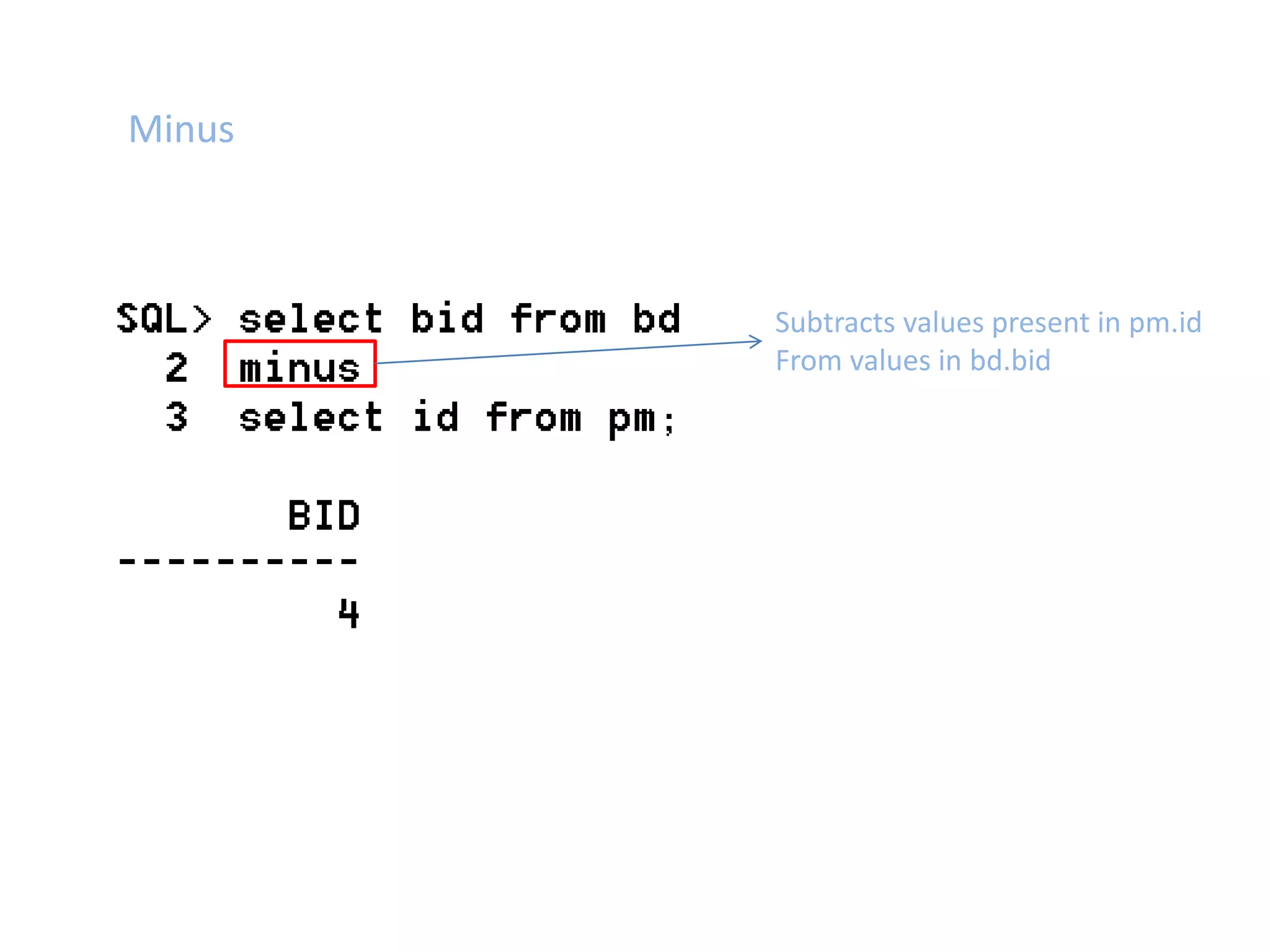 Minus 
Subtracts values present in pm.id 
From values in bd.bid 
 