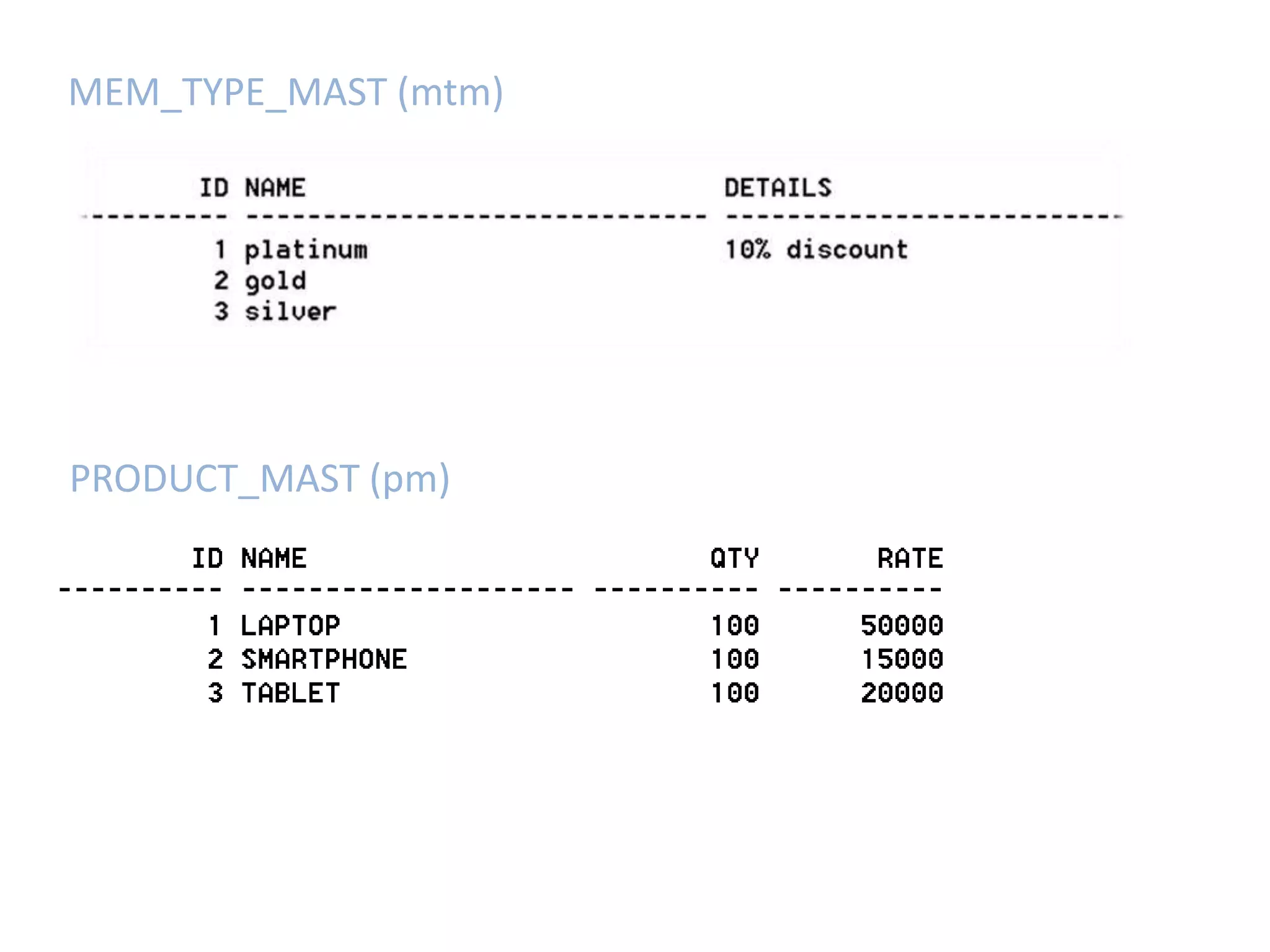 MEM_TYPE_MAST (mtm) 
PRODUCT_MAST (pm) 
 