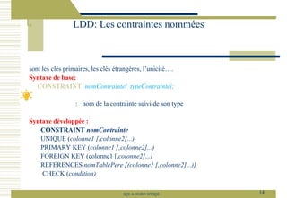 sont les clés primaires, les clés étrangères, l’unicité….
Syntaxe de base:
CONSTRAINT nomContraintei typeContraintei;
: nom de la contrainte suivi de son type
Syntaxe développée :
CONSTRAINT nomContrainte
UNIQUE (colonne1 [,colonne2]...)
PRIMARY KEY (colonne1 [,colonne2]...)
FOREIGN KEY (colonne1 [,colonne2]...)
REFERENCES nomTablePere [(colonne1 [,colonne2]...)]
CHECK (condition)
LDD: Les contraintes nommées
14
SQL le SGBD MYSQL
 