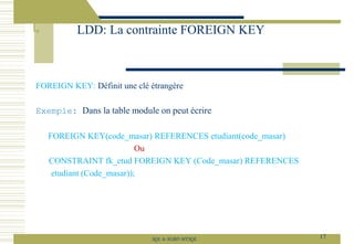 FOREIGN KEY: Définit une clé étrangère
Exemple: Dans la table module on peut écrire
FOREIGN KEY(code_masar) REFERENCES etudiant(code_masar)
Ou
CONSTRAINT fk_etud FOREIGN KEY (Code_masar) REFERENCES
etudiant (Code_masar));
LDD: La contrainte FOREIGN KEY
17
SQL le SGBD MYSQL
 